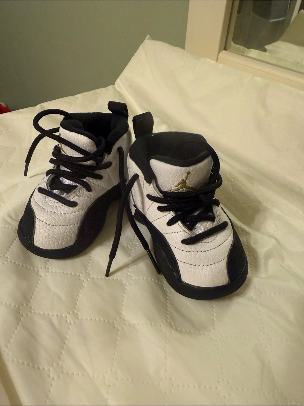 Jordan 12 Retro (TD) Baby Sneaker White Black Leather Size 4C